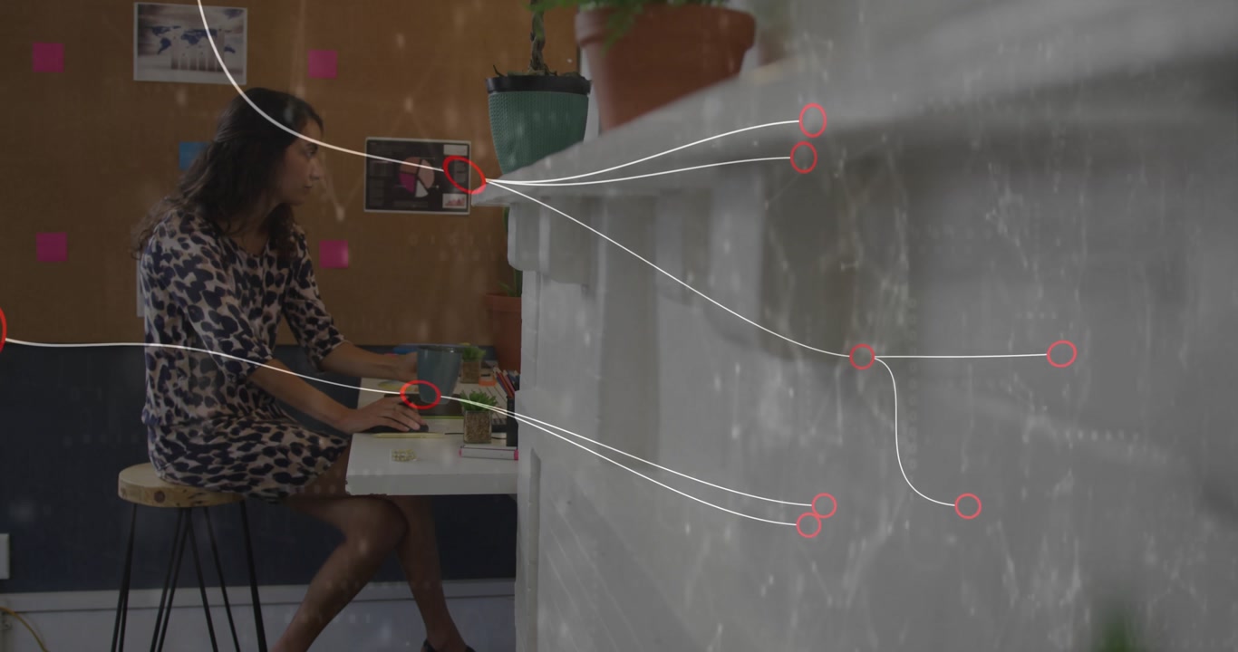Woman sipping coffee then typing on laptop, starting tech network animations connecting mug shelf