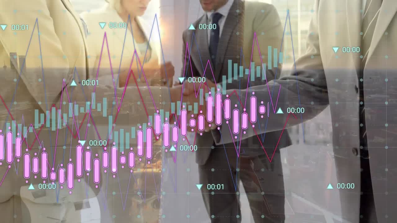animación del procesamiento de datos financieros en diversos empresarios y paisajes urbanos