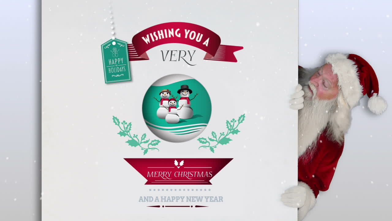 papá noel mirando alrededor de una tarjeta de navidad