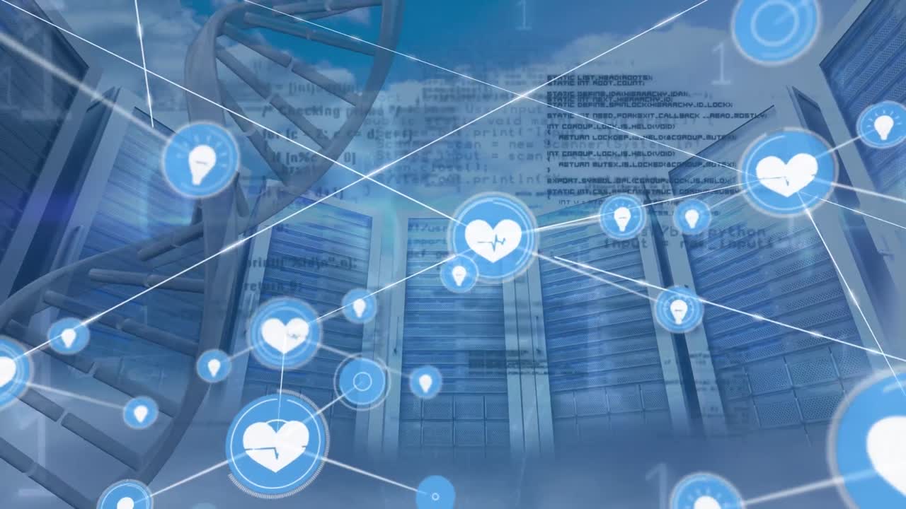 dna 스트랜드와 컴퓨터 서버를 통해 심장 및 전구 아이콘 네트워크의 애니메이션