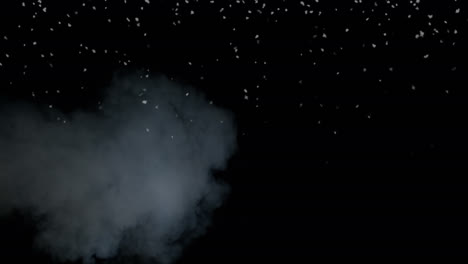 animation of christmas snowflakes falling over smoke on black background