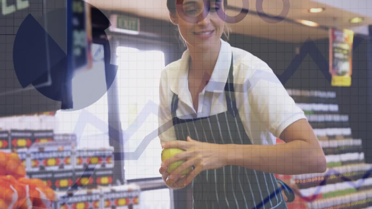 Animación de procesamiento de datos estadísticos sobre una mujer caucásica trabajando en un supermercado