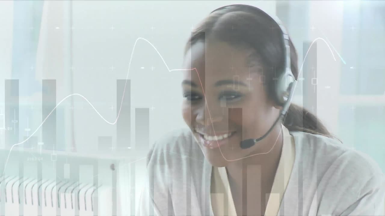 Animazione di statistiche su donna d'affari che utilizza cuffie telefoniche
