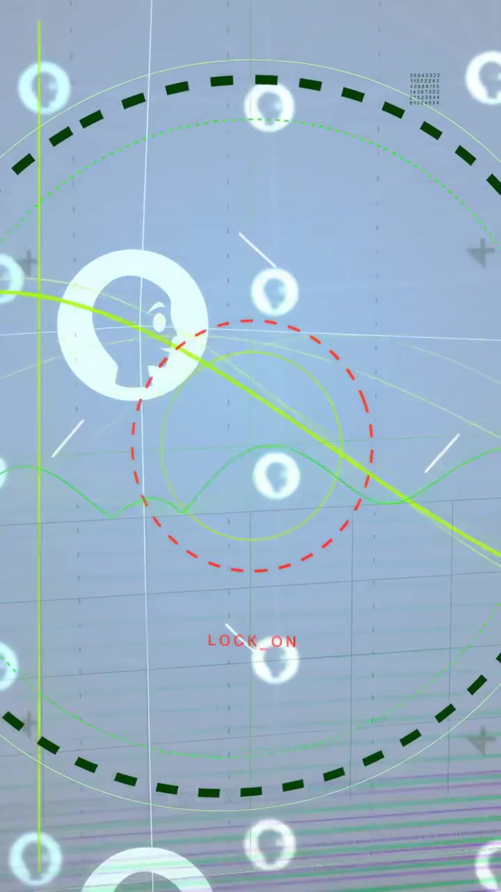 Video verticale: Overlay di targeting che ruota e si blocca, mentre profili con alone entrano nell'anello, con tracciamento.