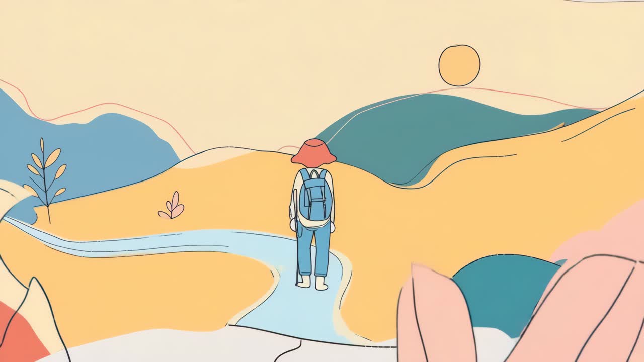 Minimalist illustration of a hiker with a backpack in a colorful landscape