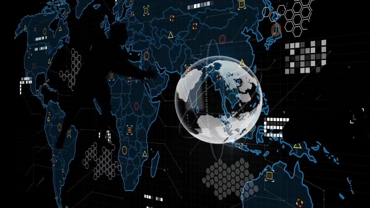 Animation of data processing with world map over globe on black background