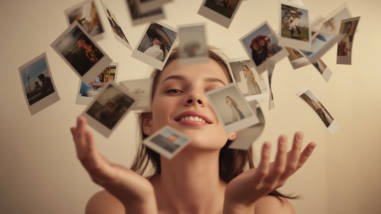 Flicking wrists woman in black top sending Polaroid photos swirling and drifting on beige backdrop