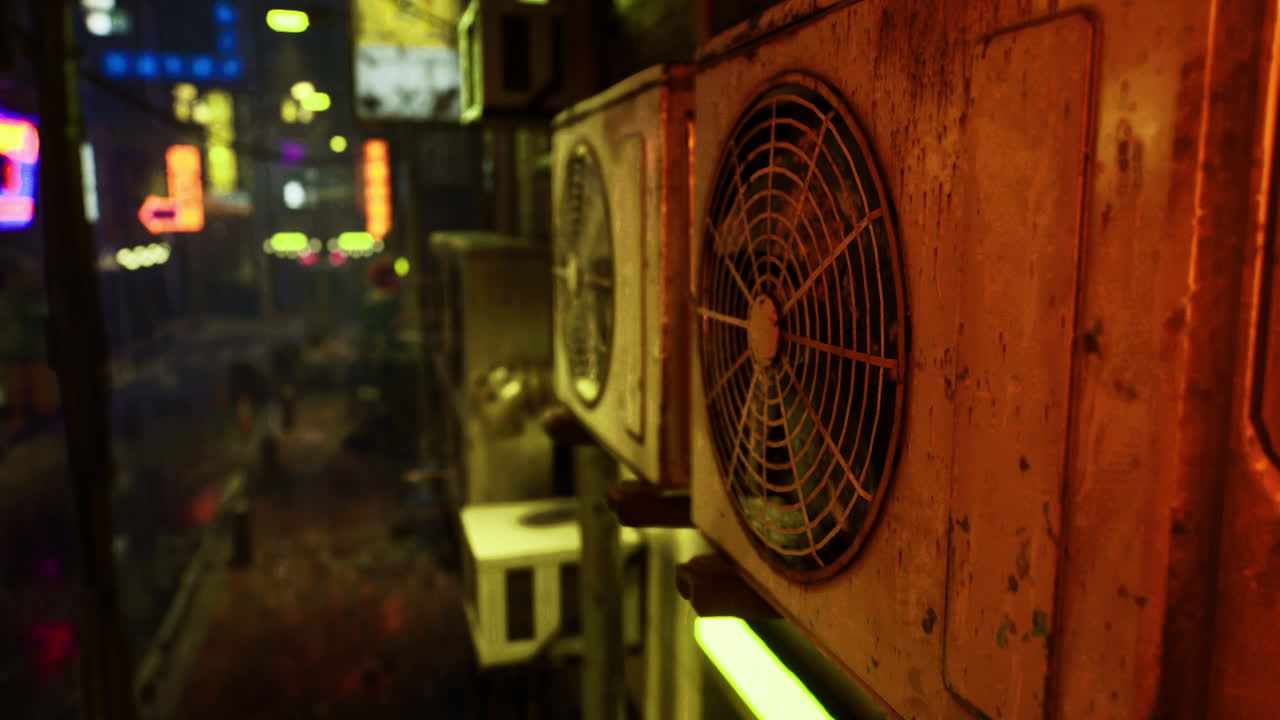 Urban air conditioning units in a vibrant neon lit street at night