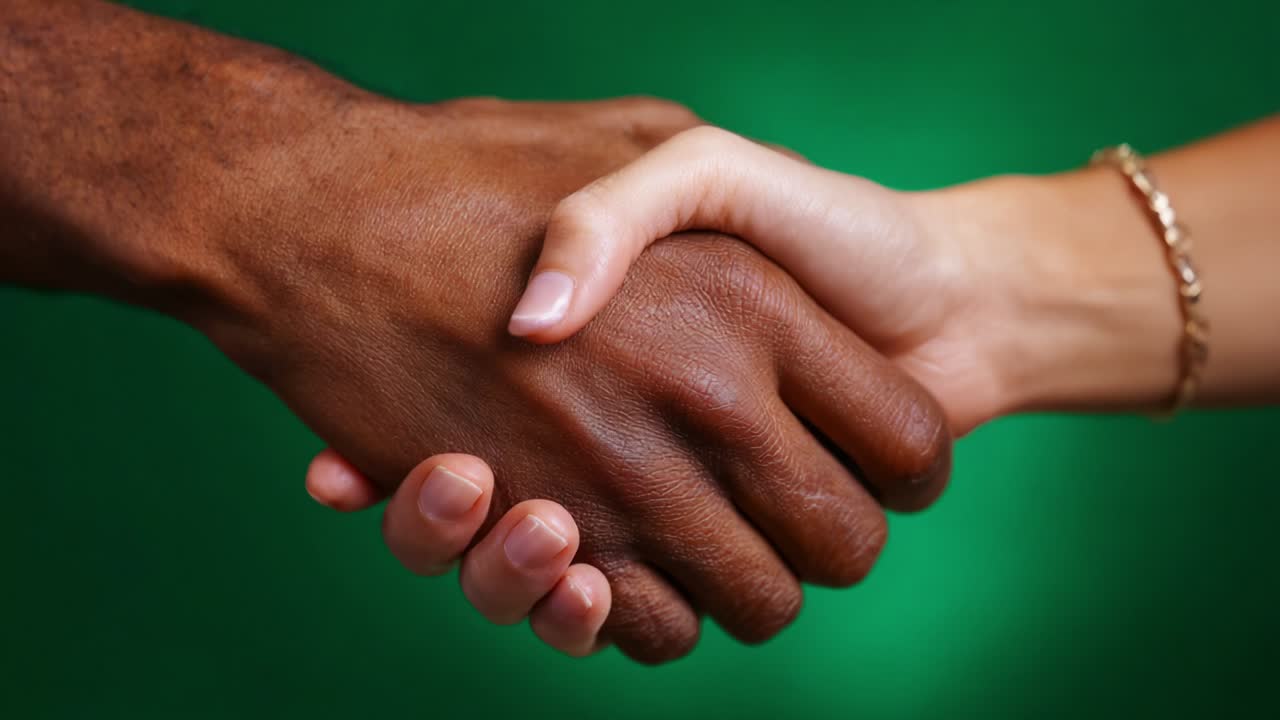 A powerful visual representation of unity and collaboration is captured in this intimate handshake between two hands of different skin tones, signifying friendship, trust, and mutual respect against a vivid green backdrop