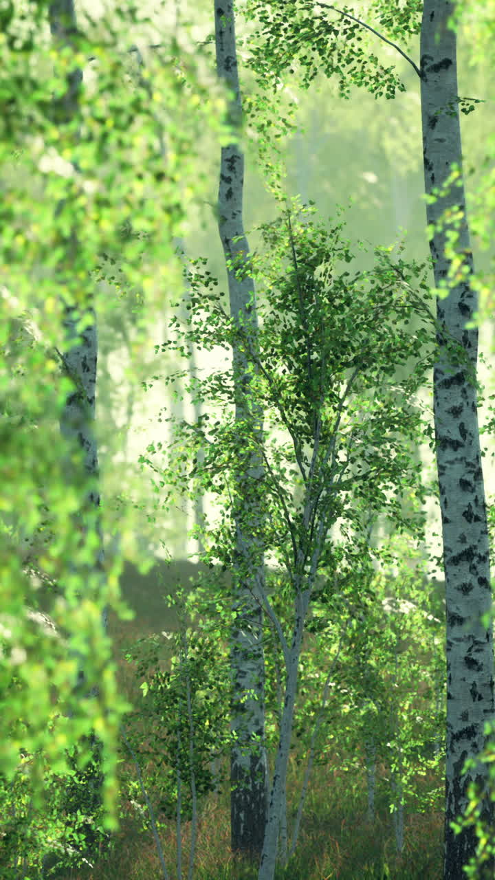 la luz del sol filtrándose a través de un exuberante bosque de abedul