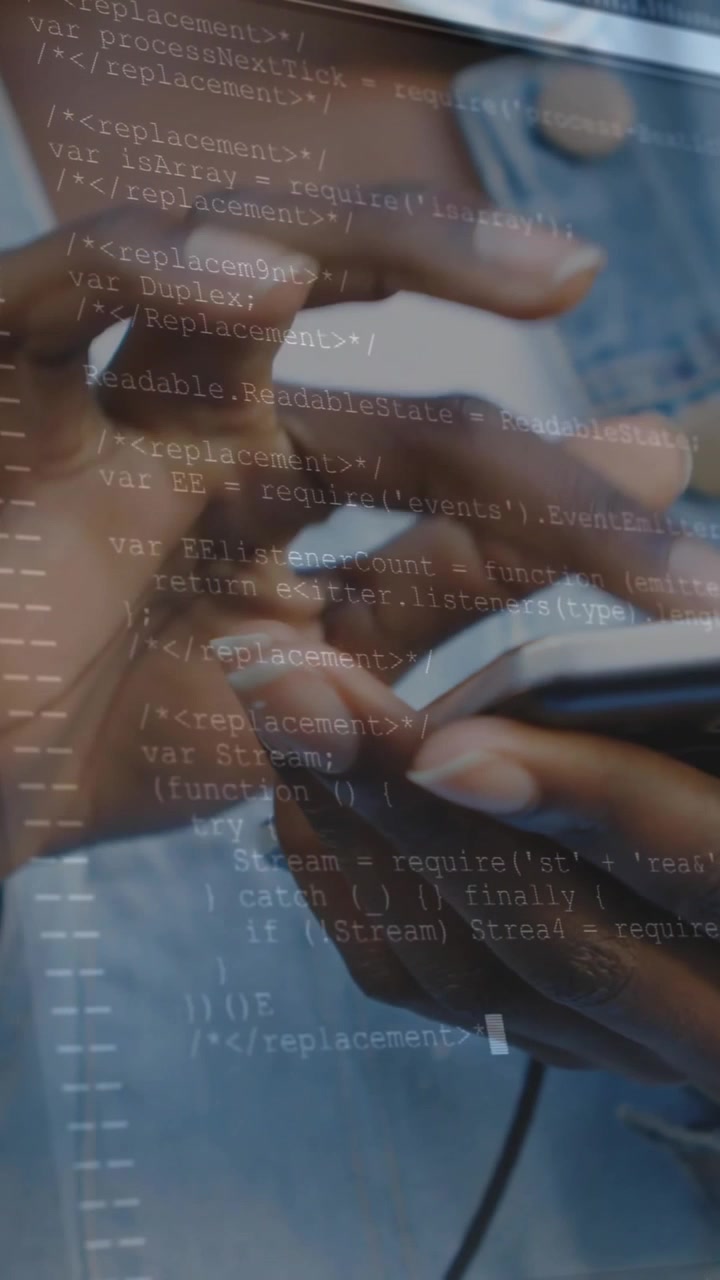 Using smartphone, hands working on animation coding in technology setting
