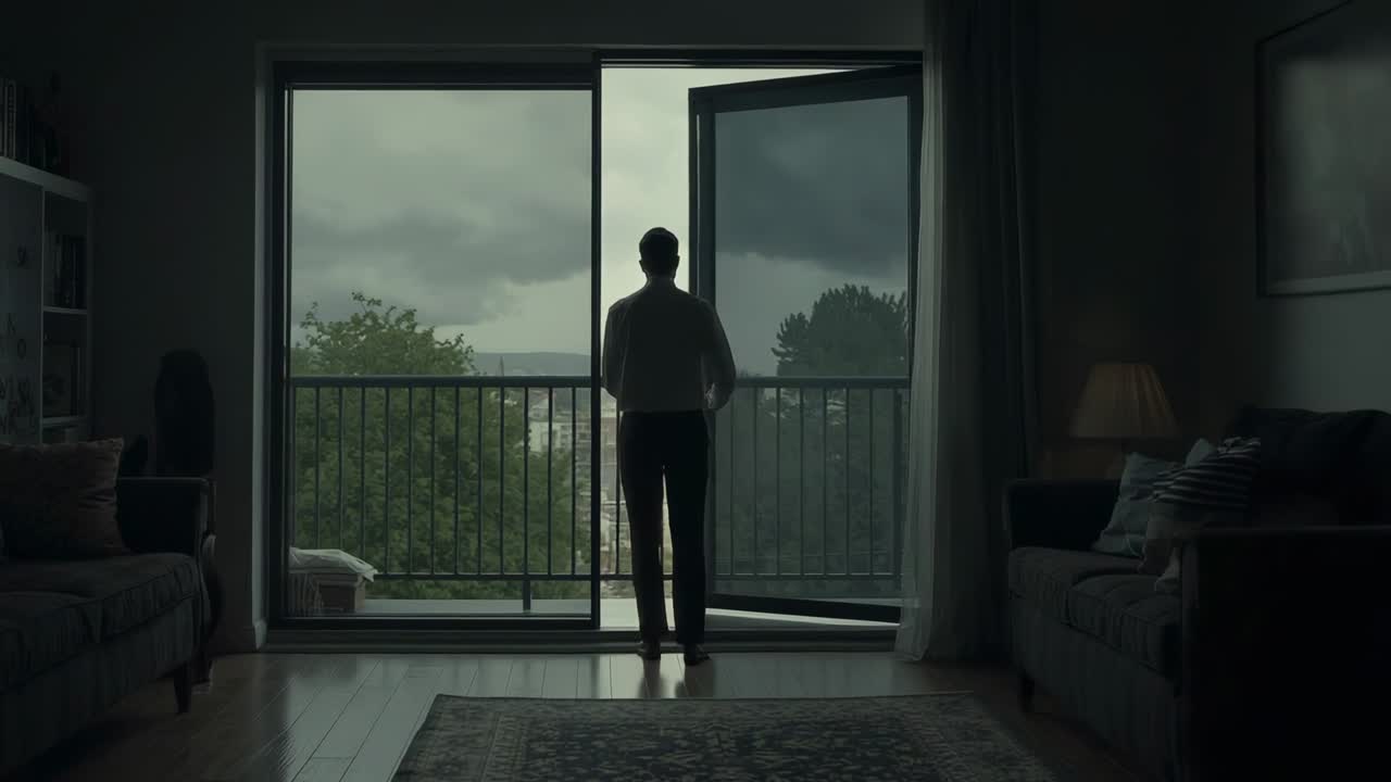 Walking man in shirt pausing, sliding open glass door to balcony at home, prompted by clouds
