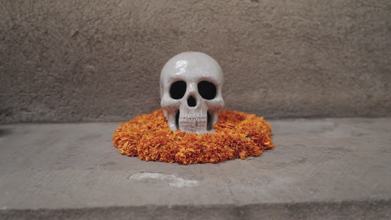 Skull with Marigolds for Day of the Dead
