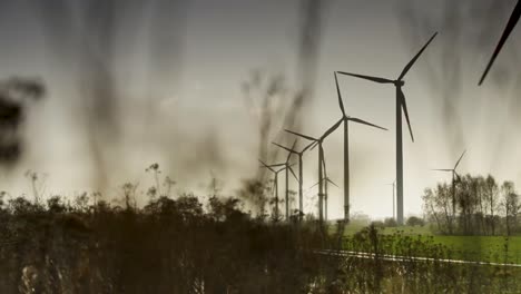 Low-angle-distant-view-of-a-wind-farm,-featuring-several-white-three-bladed-wind-turbines-across-a-green-field,-with-trees-and-shrubs-in-the-foreground,-under-a-cloudy-sky,-infused-with-a-dreamy-blur