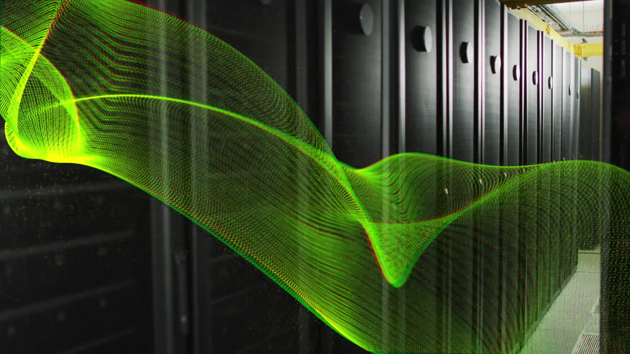 animación de malla verde y procesamiento de datos digitales a través de servidores informáticos