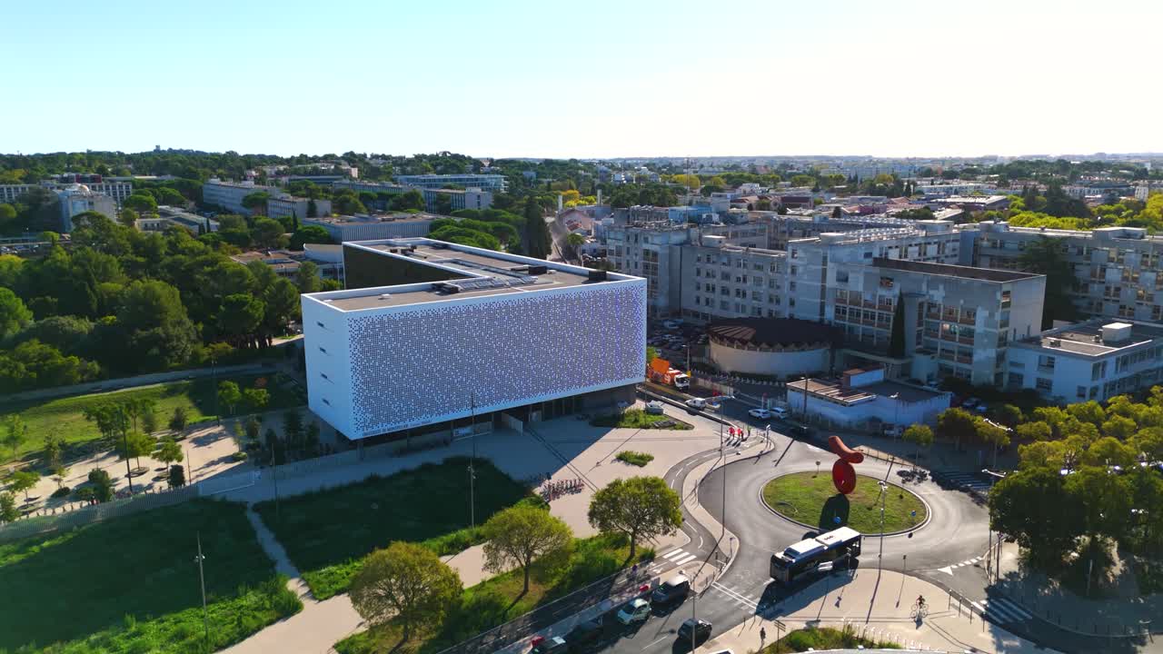 Aerial establishing shot of multiple university campuseses in Montpellier