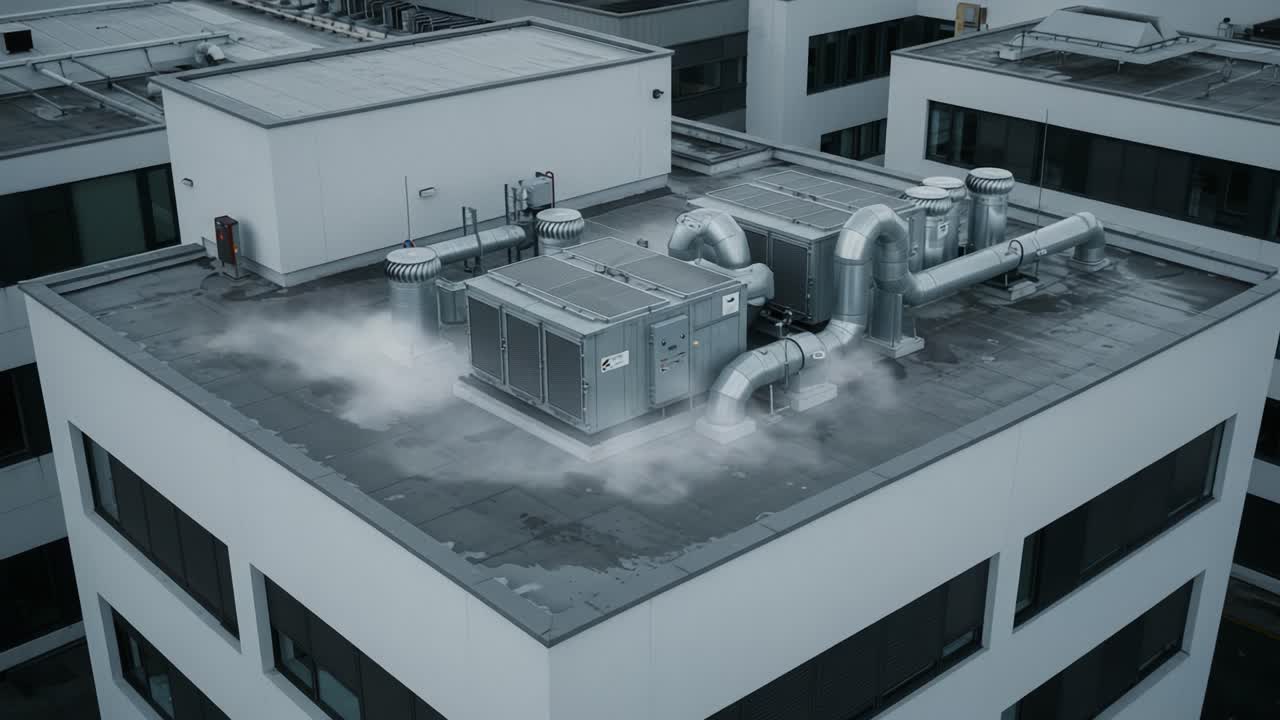Aerial View of Rooftop Air Conditioning Units Featuring Smoking Exhaust and Complex Ductwork in an Urban Building Environment, Highlighting Modern Infrastructure Elements
