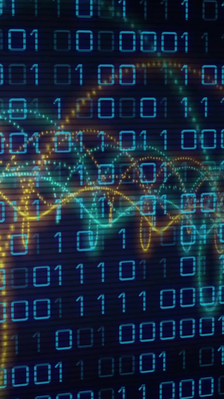 Animation of binary coding data processing with glowing neon light trails