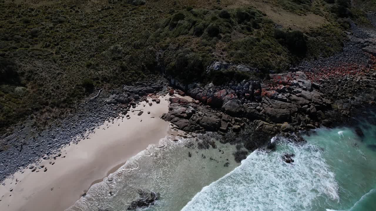 Little Beach Cove With Crashing Ocean Waves In Tasmania, Australia - Aerial Shot