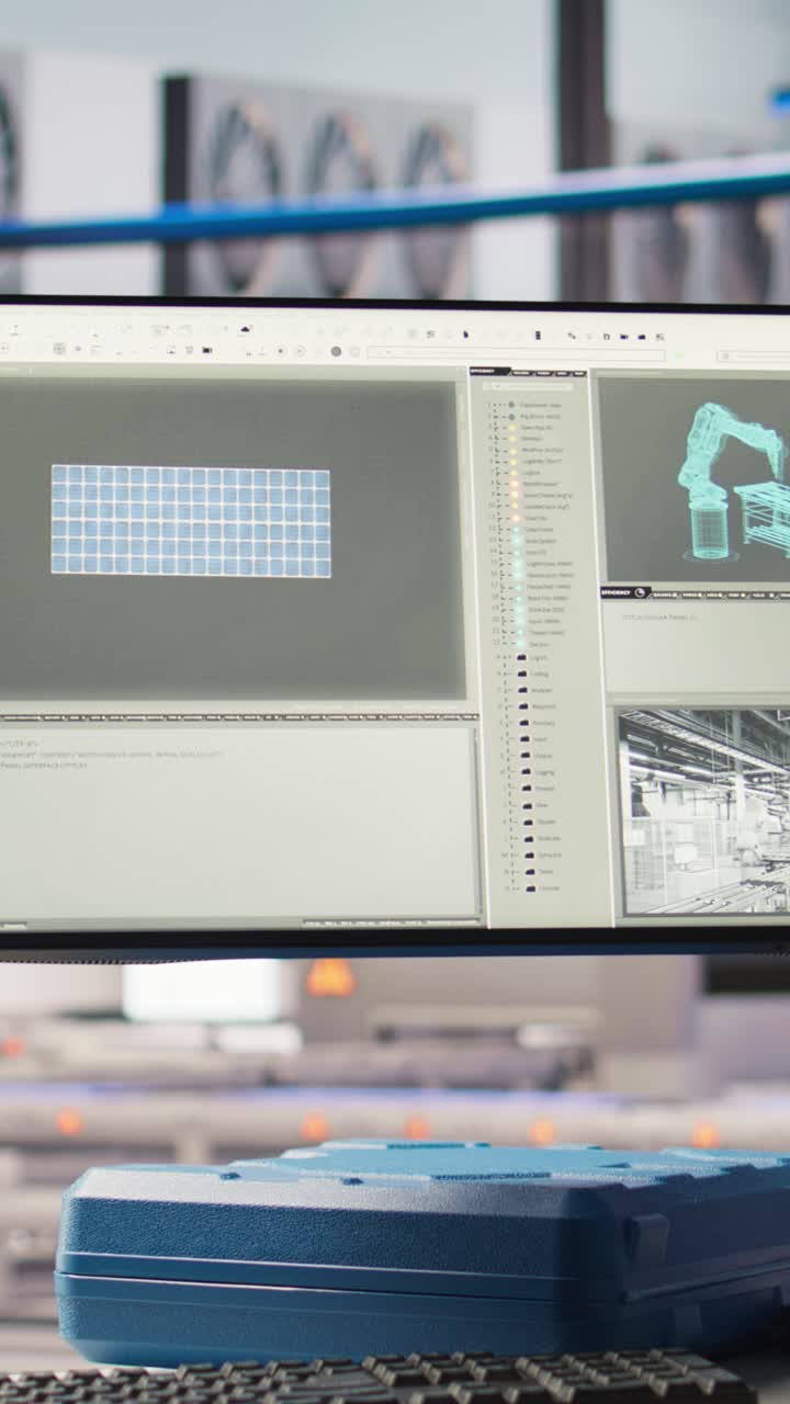 Vertical video Monitor in smart photovoltaics factory analyzing performance data