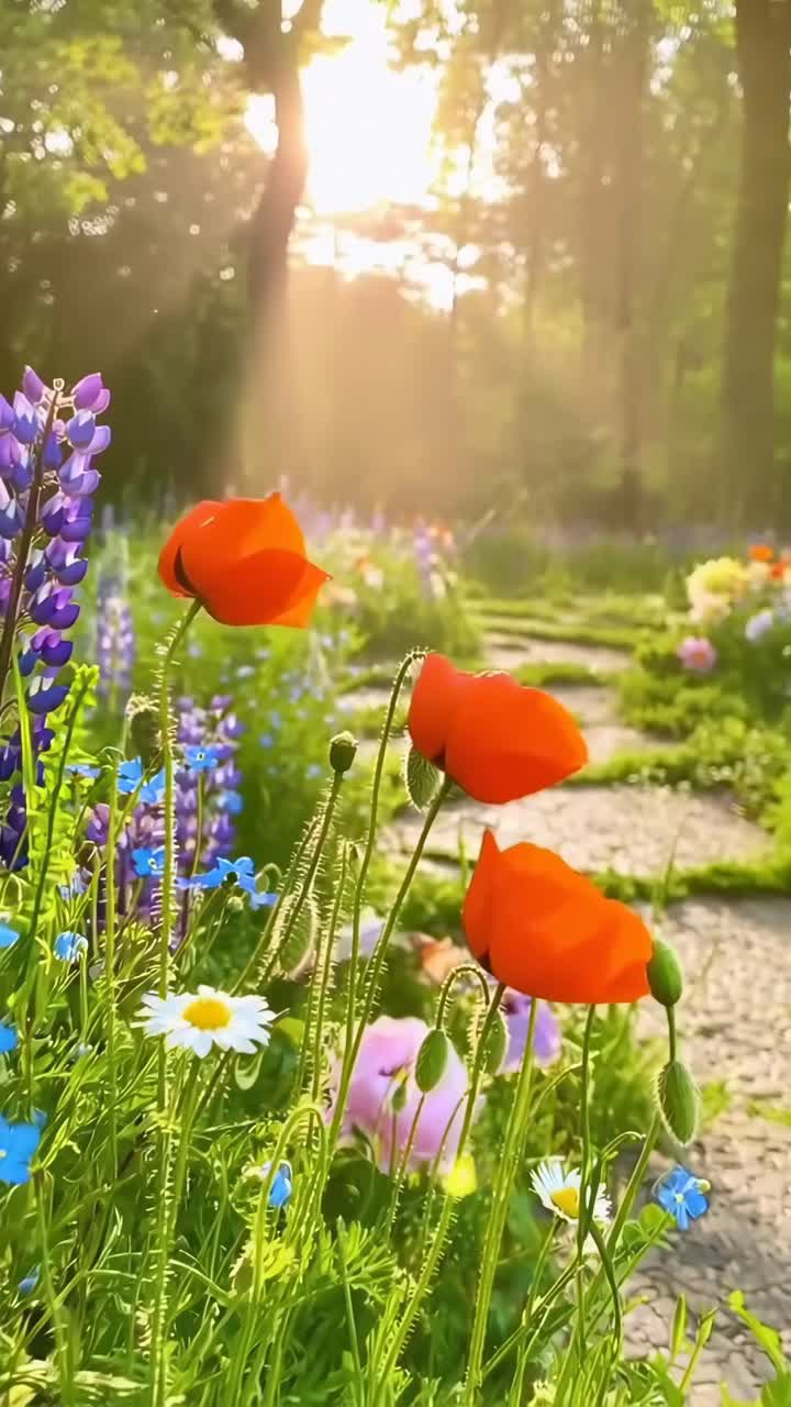 A serene garden path with vibrant flowers in the foreground, captured in a low-angle video, Live