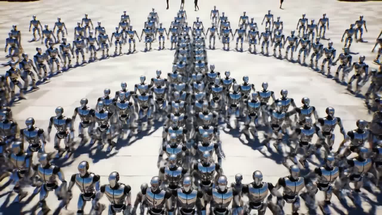 A Spectacle of Robotics: An Array of Silver and Blue Robots Forming a Striking Pattern in a Futuristic Setting, Creating a Visual Display of Technology and Design