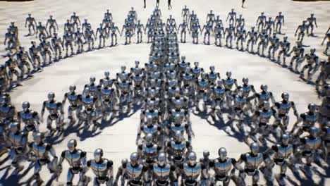 a spectacle of robotics: an array of silver and blue robots forming a striking pattern in a futuristic setting, creating a visual display of technology and design