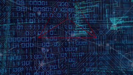 Animation of geometrical shapes, binary code and data processing on black background