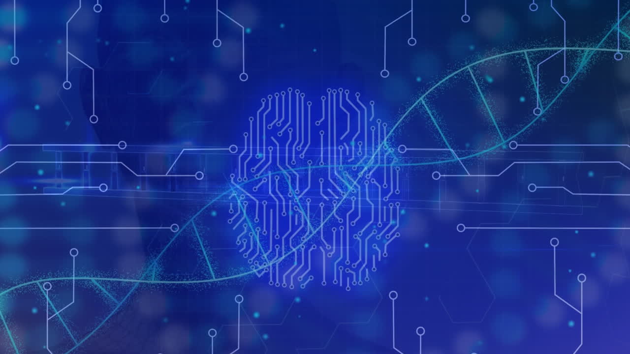 animación de la hélice de adn sobre el patrón de la placa de circuitos, cerebros digitales y hélices de adn en fondo azul