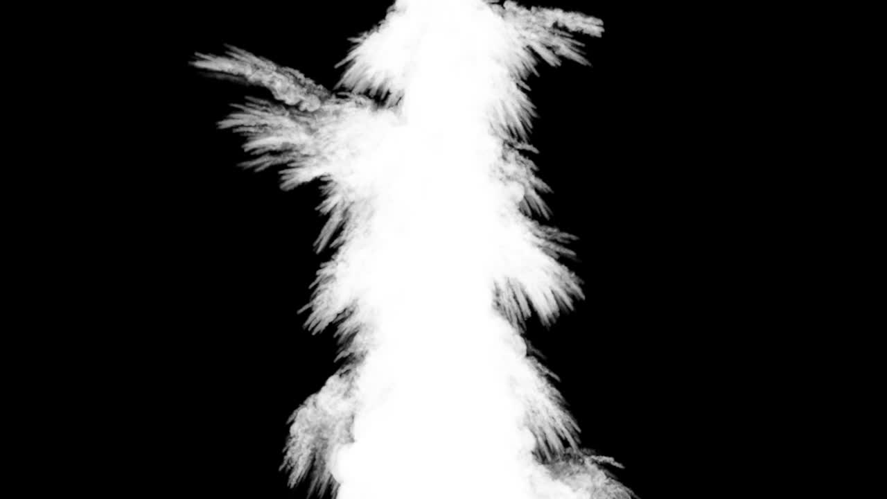 일련의 은 아래에서 위로 한 줄로 아오르며, 불꽃과 연기를 는 흔적을 만들어 니다. 파란색과 보라색 색조.