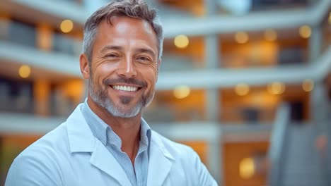 smiling male doctor or scientist in a lab coat