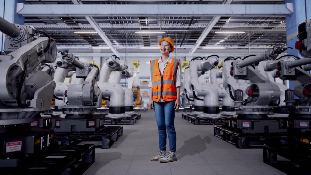 Woman Engineer in a Modern Robotics Factory