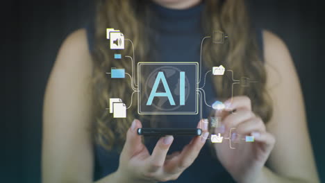 tecnología de aprendizaje automático de inteligencia artificial con toque de dedo procesador de ia en pantalla holográfica de teléfono inteligente de la mujer, concepto de red de ia