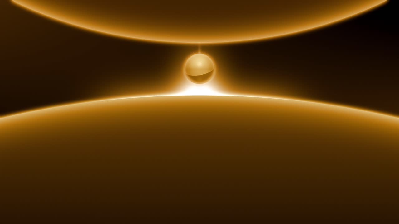 A dark, surreal animation loop of two large orange planets close together, featuring a rotating two-colored sphere suspended in a glowing energy field between their gravity wells