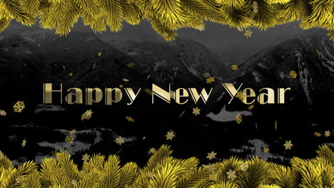animation of happy new year text over stars and fir tree branches on black background