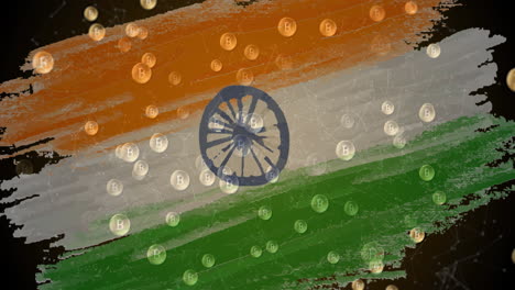 animación de símbolos de bitcoin que fluyen sobre la bandera de la india en el fondo
