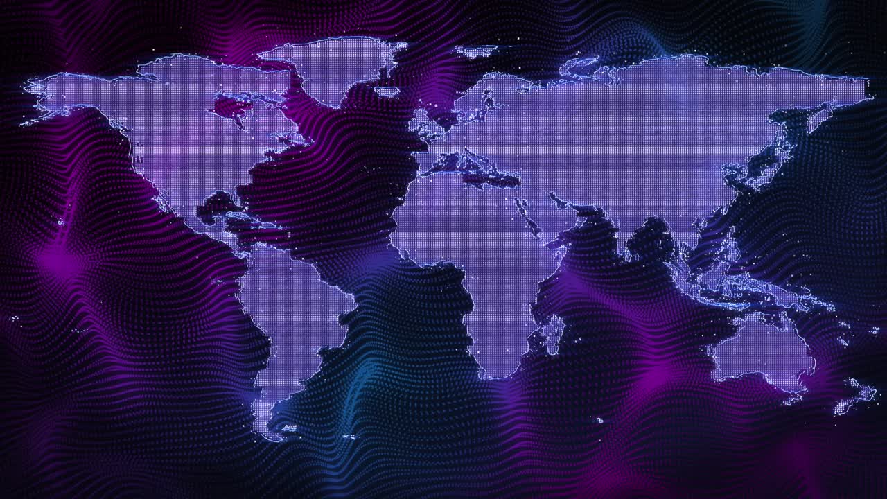 Animation of world map over purple shapes on black background