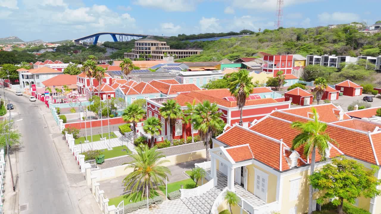 Aerial View of Colorful Buildings and Bridge in Curaçao