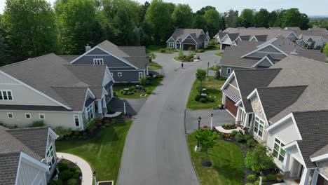 drone view moving through a private retirement community of townhouses and duplexes in a meticulously groomed neighborhood