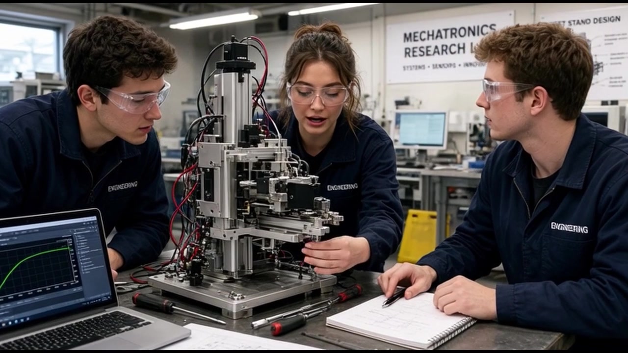 Engineering Students Collaborating on Mechatronics Project in Laboratory