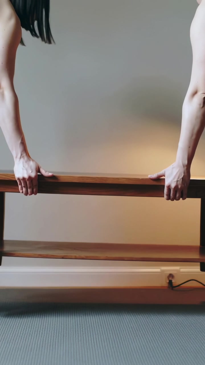 Vertical video: Sliding woman in sleeveless and coming man aligning to move bench at home with lamp