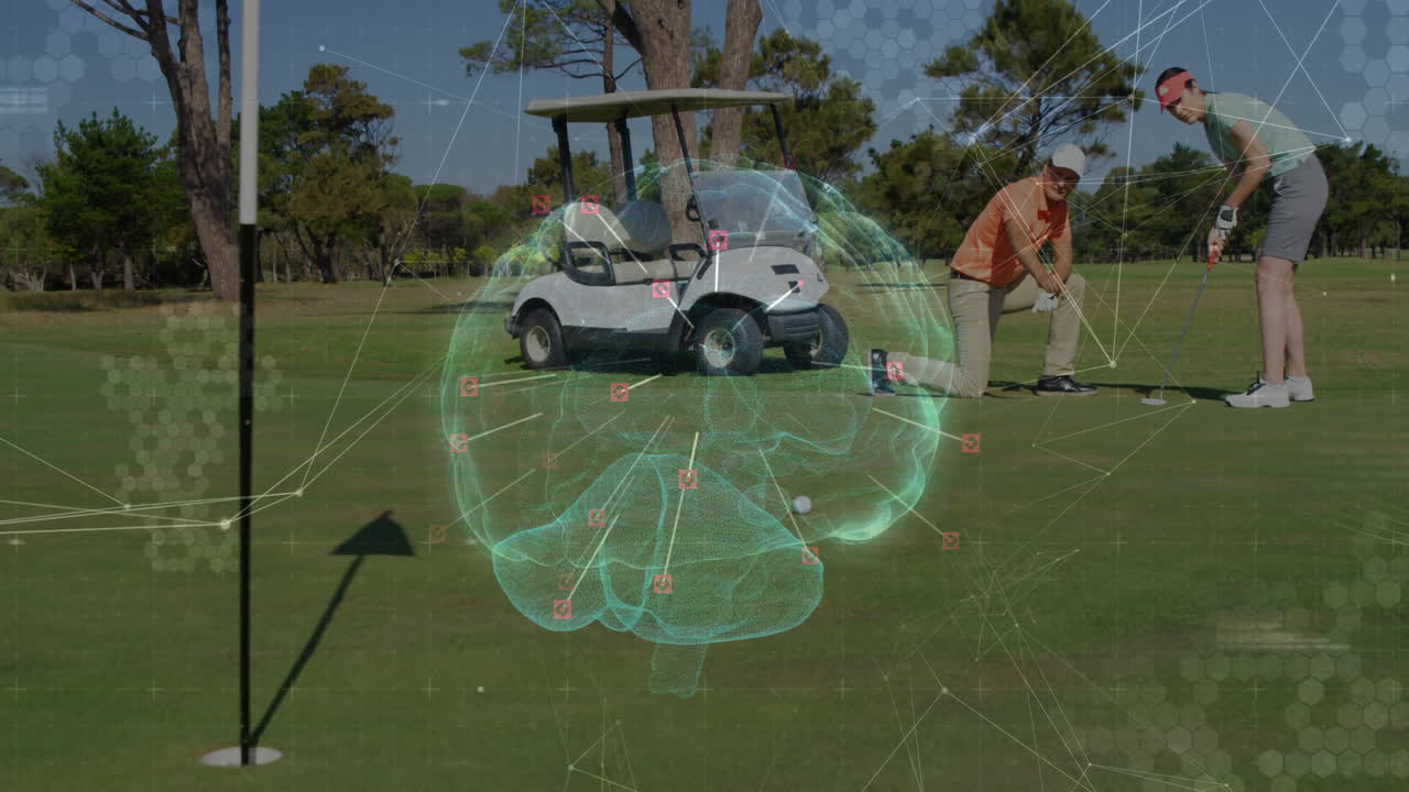 Golfers playing on course with digital brain animation overlaying background
