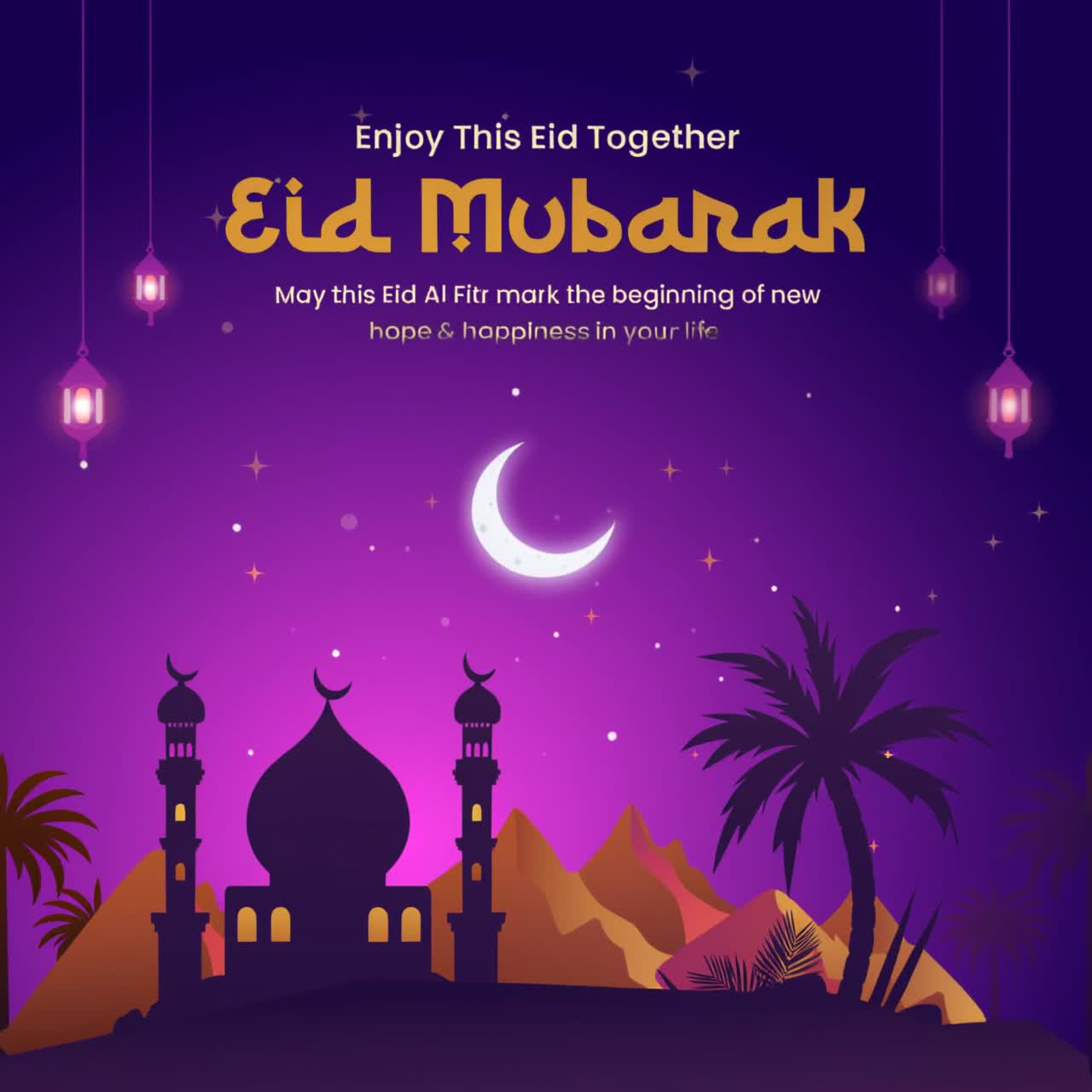 Animazione Eid Mubarak con silhouette di moschea, lanterne rosa, luna crescente su sfondo sfumato viola