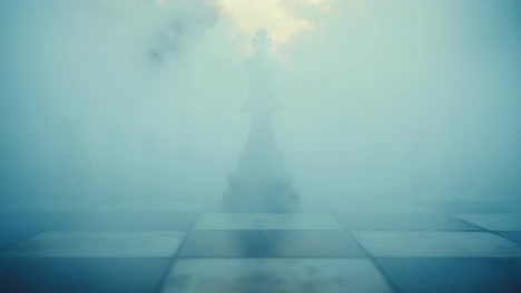mystical chess piece emerges in fog. a lone chess piece stands shrouded in thick fog, creating an air of mystery and intrigue in this quiet setting.