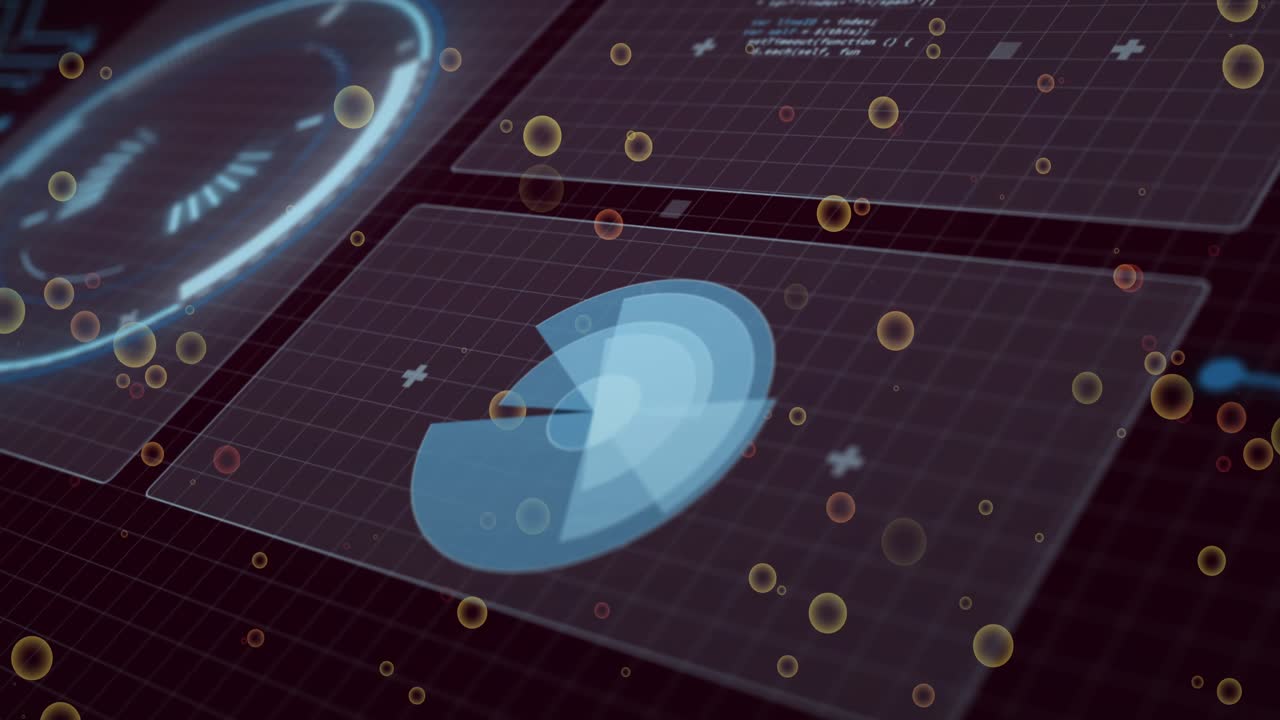 On HUD activation blue layered disk rotating, changing wedge while spheres drifting, showing status