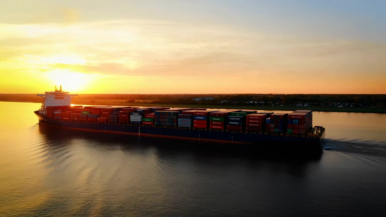 Gran buque de carga de contenedores deslizándose por un río tranquilo durante el atardecer, cargado con contenedores de mercancías apilados, brillando bajo un cielo dorado con suaves reflejos, una costa distante y un fuerte ambiente industrial.