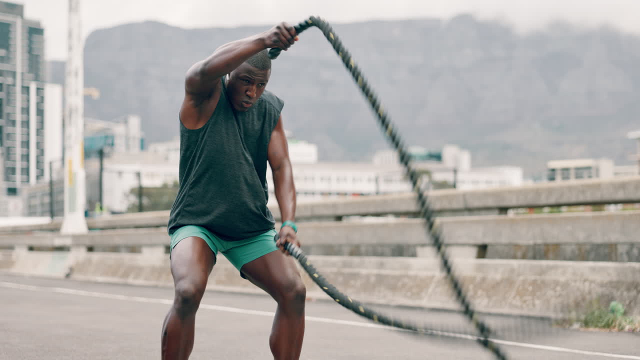 Man Working Out with Battle Ropes in Urban Setting