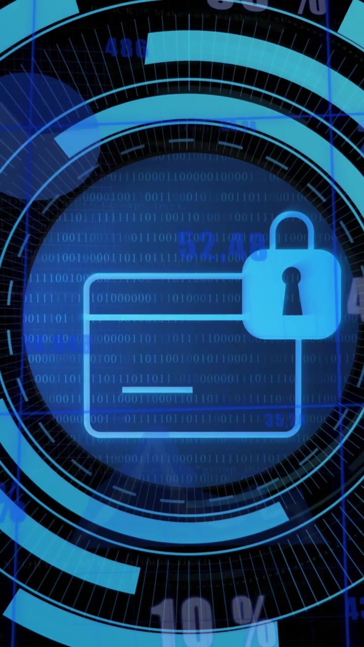 Animazione di un'icona di lucchetto di sicurezza su uno scanner rotondo su uno sfondo di elaborazione dati statistici