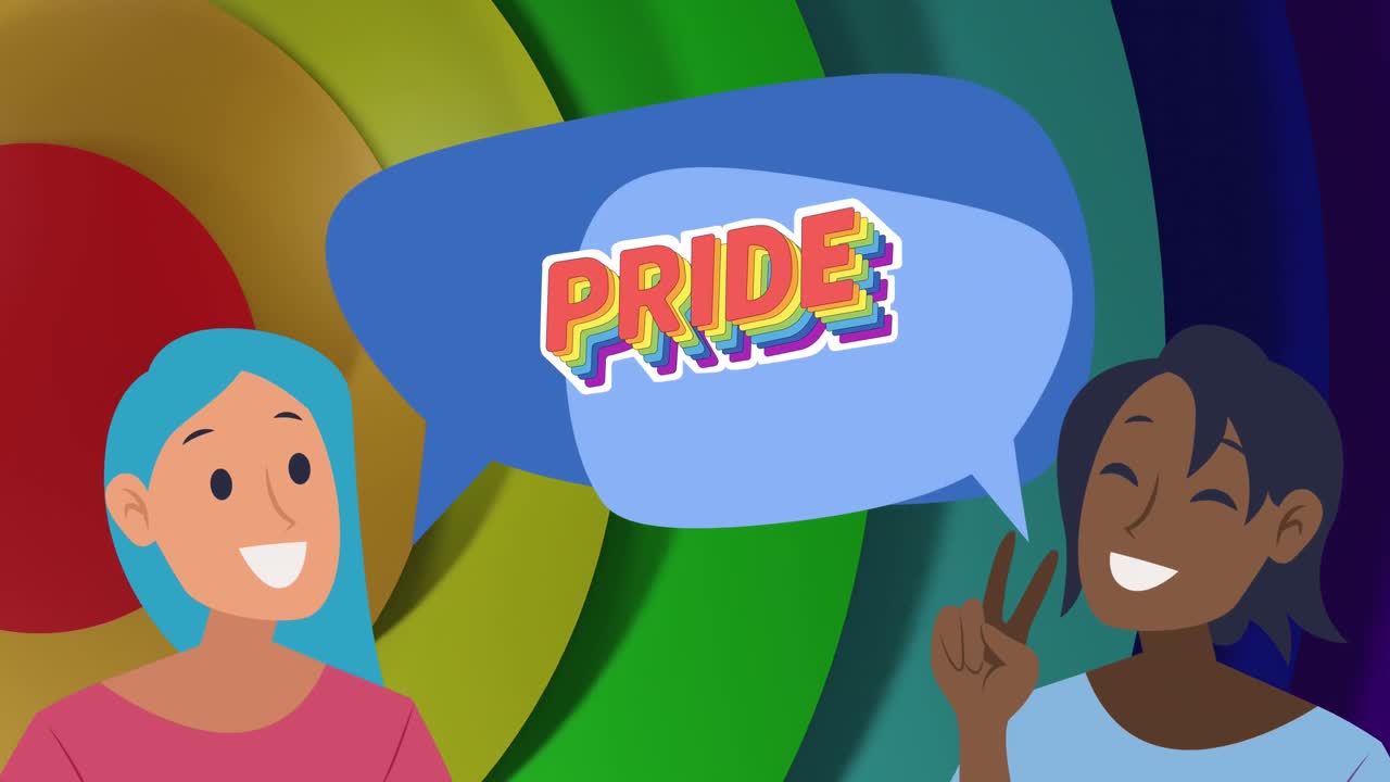 Animation of pride text and gay female couple over rainbow background
