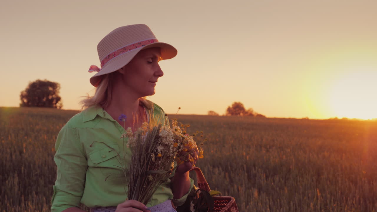 mujer en un sombrero con un ramo de flores silvestres caminando por el campo al atardecer 4k video
